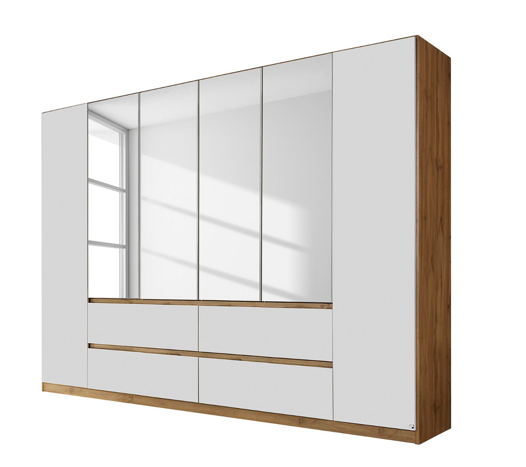 REDUZIERT! -30% Drehtürenschrank Mainz Alpinweiß / Eiche Wotan Dekor - Breite: 271 cm - Mit Spiegeltür/-en
