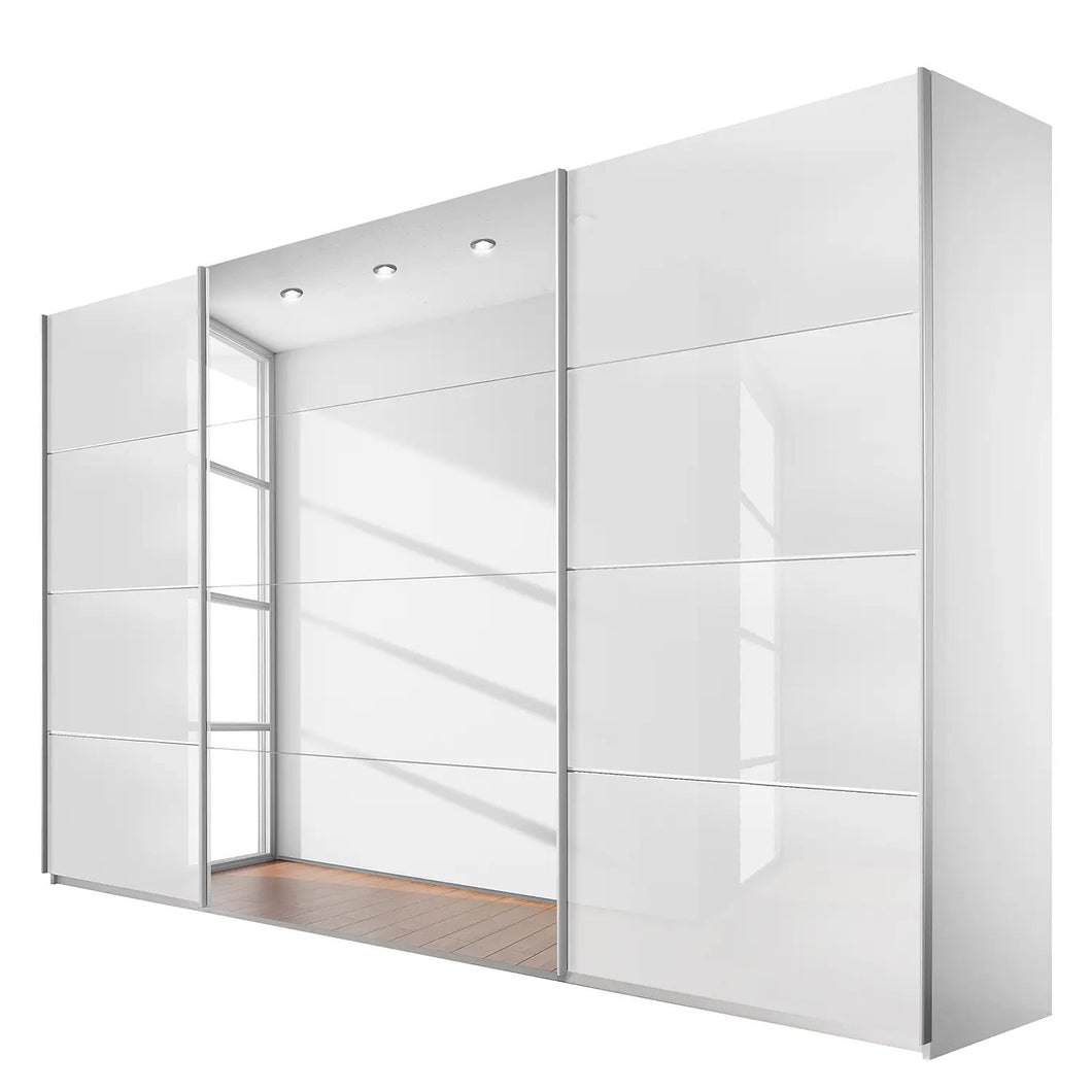 Schwebetürenschrank Quadra (Spiegel) Alpinweiß / Glas Weiß - Breite x Höhe: 315 x 230 cm - 315 x 230 cm