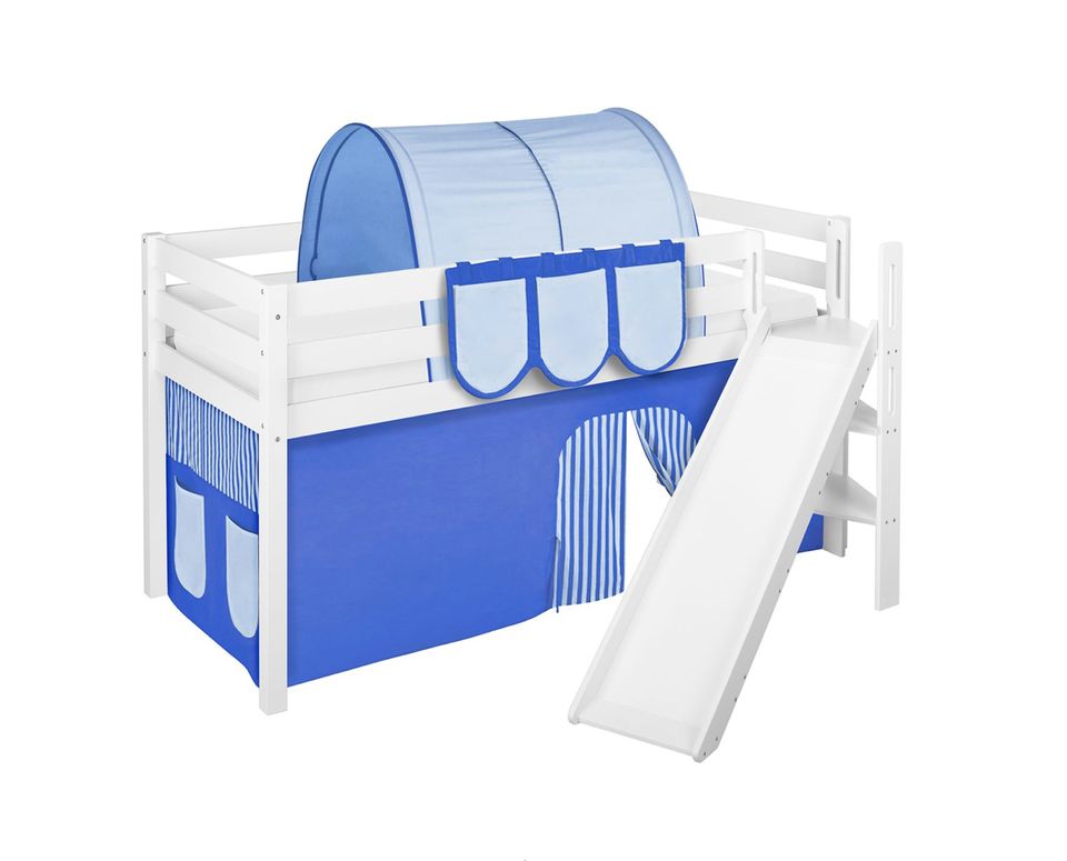 Hochbett Jelle Stripes II mit schräger Rutsche und Vorhang - Blau